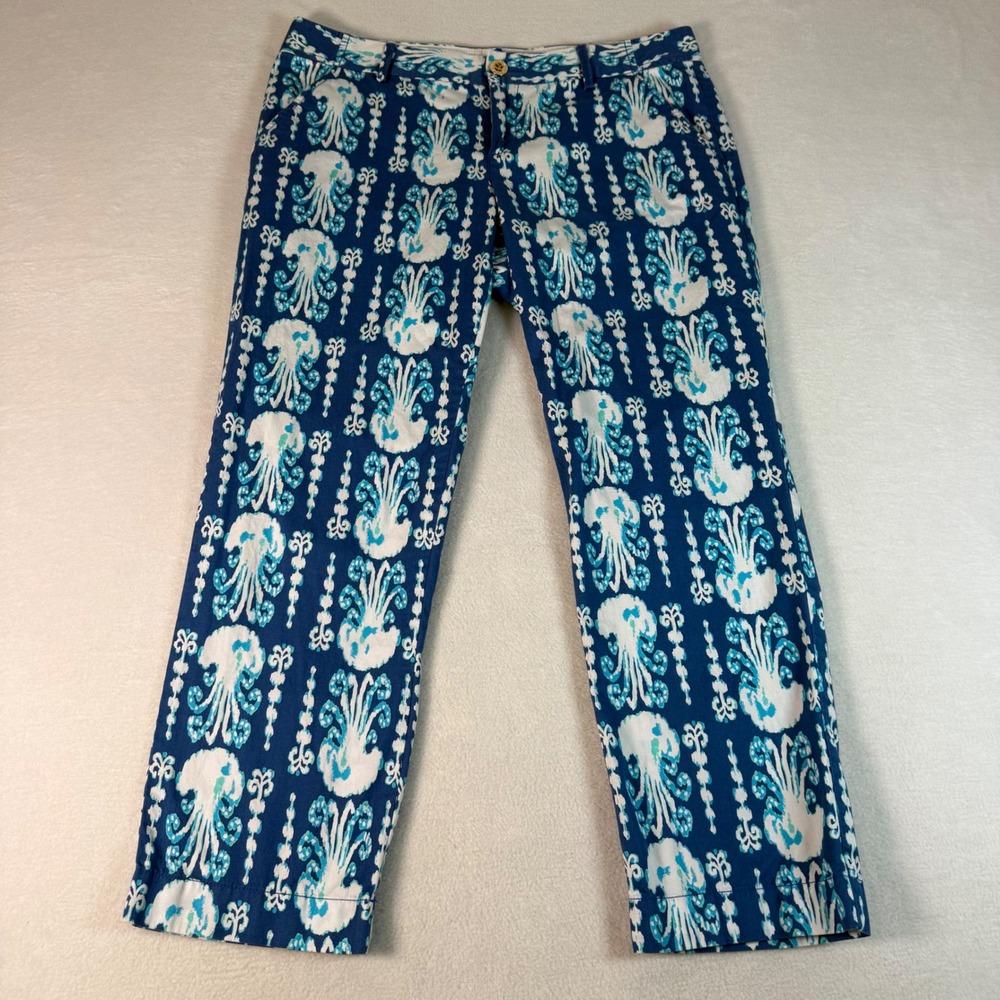Lilly Pulitzer Cocoanut Walk Crop Pants Womens 10 Blue Jellyfish Coastal Preppy